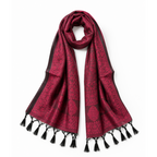 A dark red and black patterned scarf with black tassels, displayed on a clean white background.