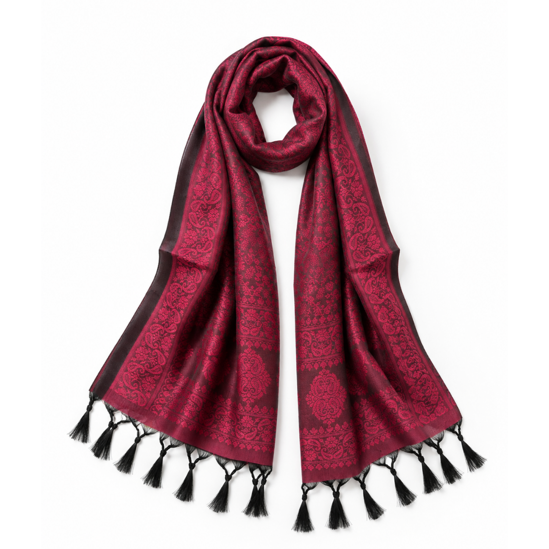 A dark red and black patterned scarf with black tassels, displayed on a clean white background.