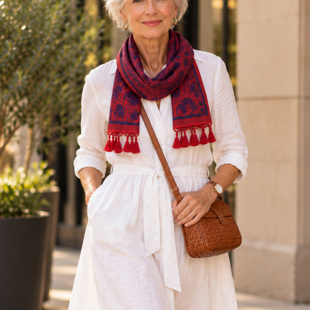 An older woman stands outdoors wearing a white midi dress with a tie waist, a red and navy patterned scarf, and a brown woven crossbody bag.