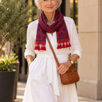 An older woman stands outdoors wearing a white midi dress with a tie waist, a red and navy patterned scarf, and a brown woven crossbody bag.