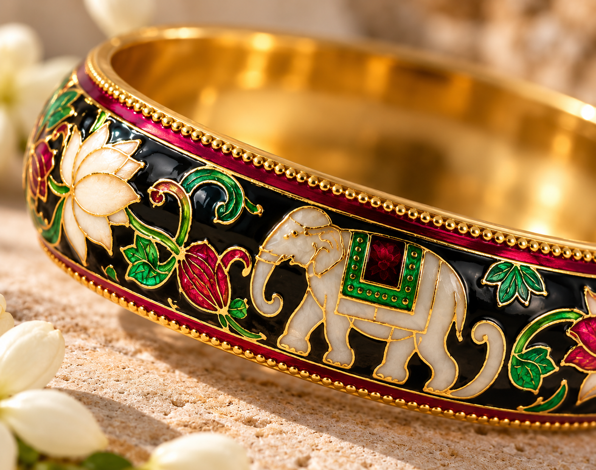 Emerald Elephant Meenakari Bangle
