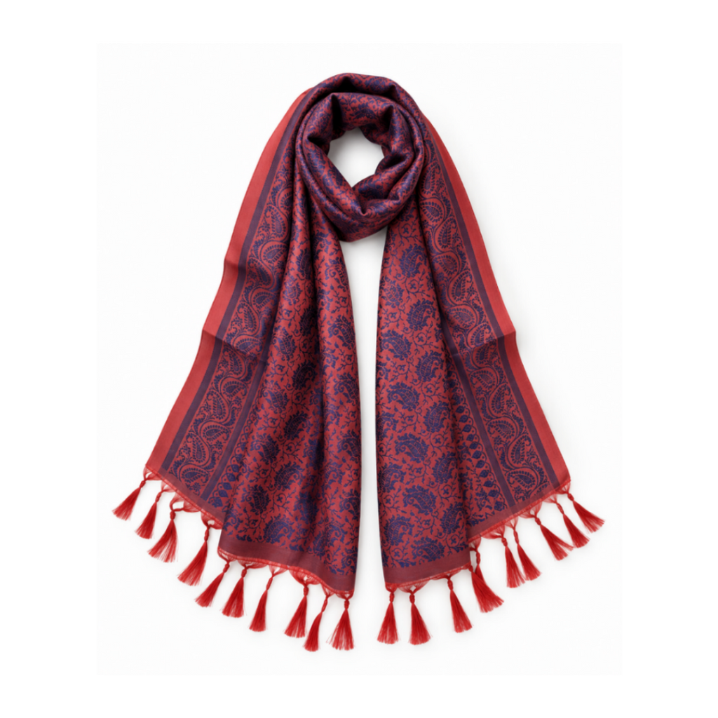 A red and navy blue paisley patterned scarf with tassel fringe, styled in a loop on a white background.