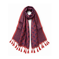 A red and navy blue paisley patterned scarf with tassel fringe, styled in a loop on a white background.