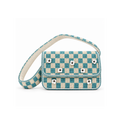 A checkered blue and beige shoulder bag with embroidered floral details and a light gray strap, shown on a white background.