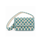A checkered blue and beige shoulder bag with embroidered floral details and a light gray strap, shown on a white background.