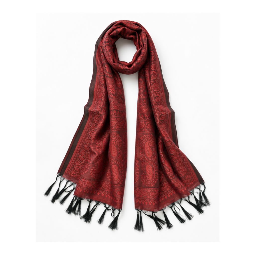 A red and black paisley patterned scarf with black tassels, displayed against a clean white background.