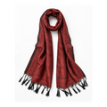 A red and black paisley patterned scarf with black tassels, displayed against a clean white background.