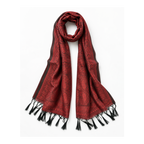 A red and black paisley patterned scarf with black tassels, displayed against a clean white background.