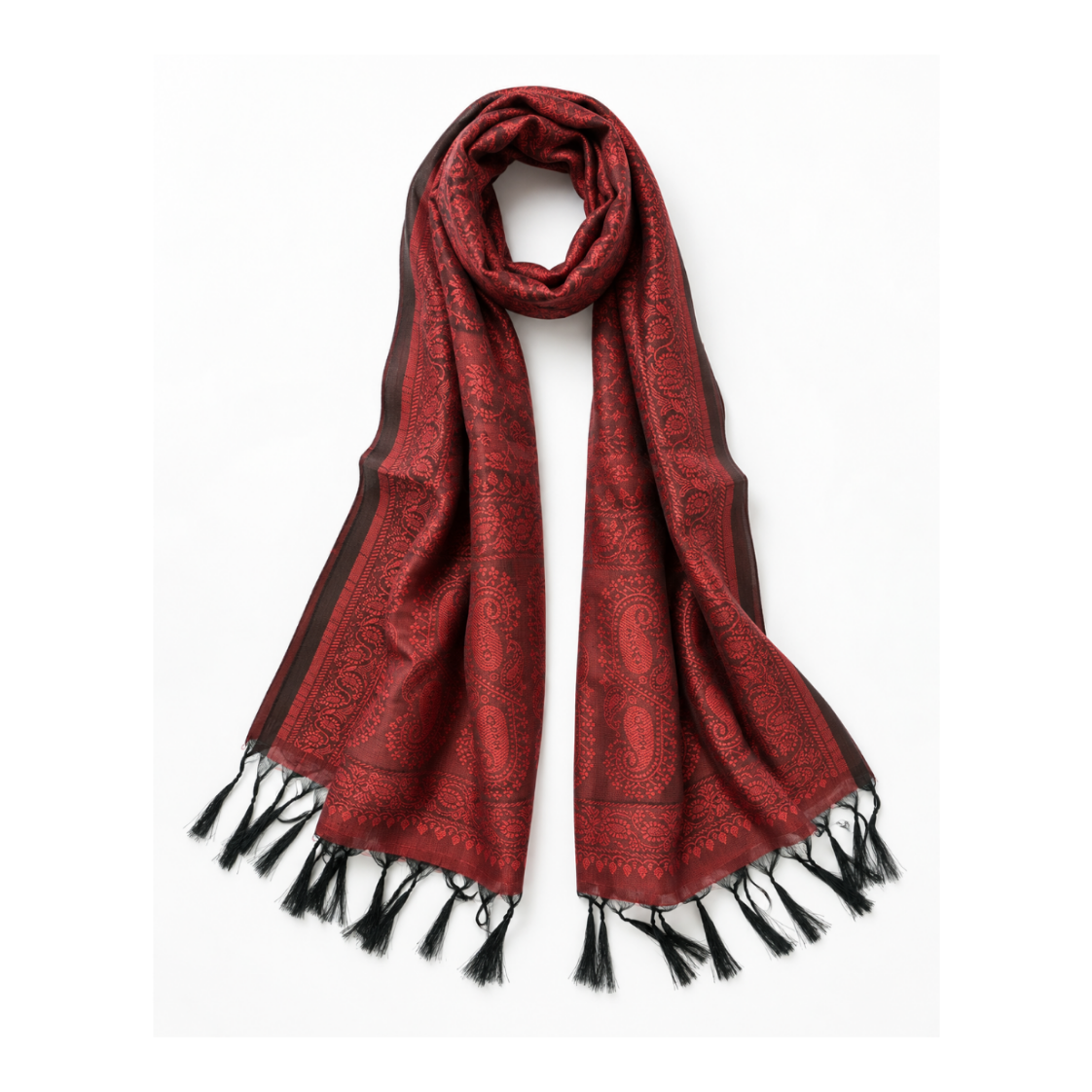 A red and black paisley patterned scarf with black tassels, displayed against a clean white background.