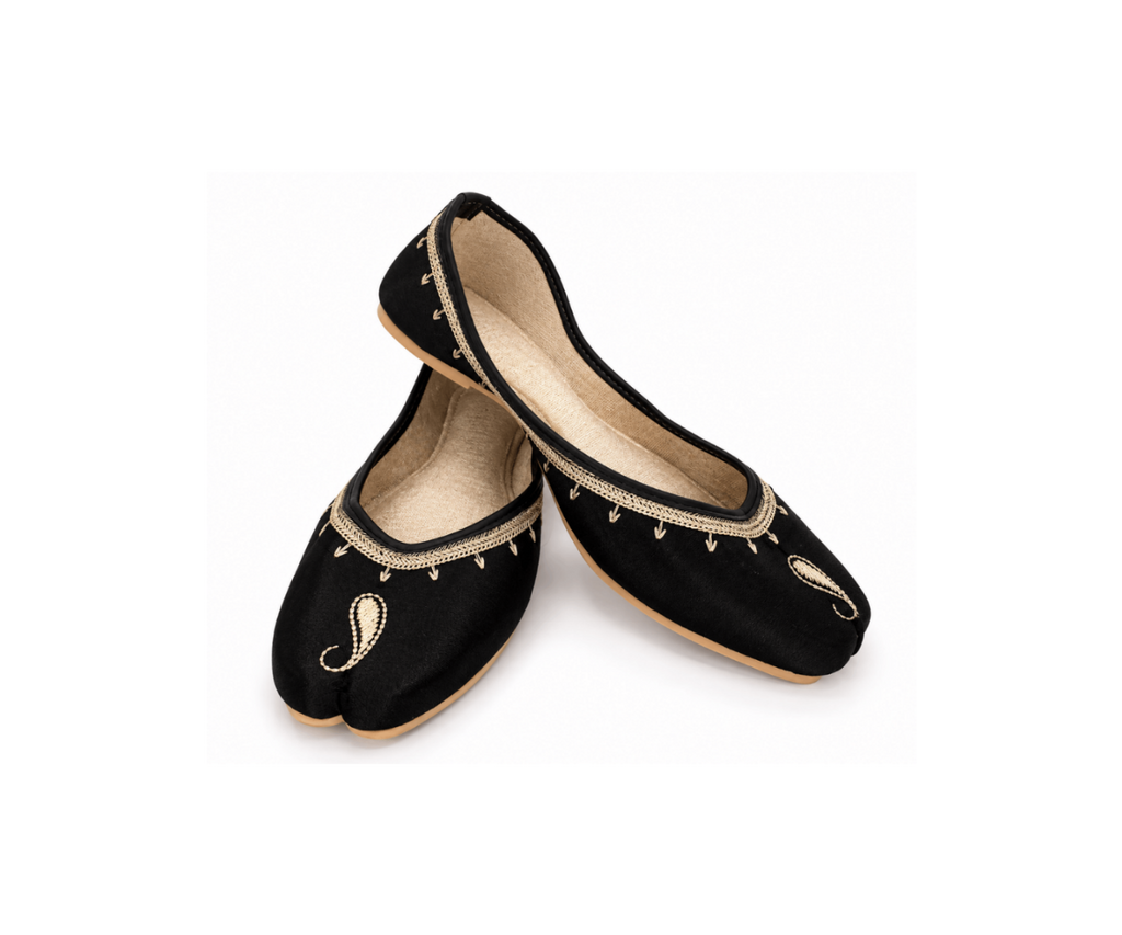 A pair of black velvet traditional flat shoes with gold embroidered details and a split toe design, displayed on a clean white background.