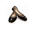 A pair of black velvet traditional flat shoes with gold embroidered details and a split toe design, displayed on a clean white background.
