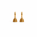 A pair of gold beehive-shaped dangle earrings with textured floral engravings and smooth gold hoops, shown on a clean white background.