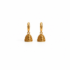 A pair of gold beehive-shaped dangle earrings with textured floral engravings and smooth gold hoops, shown on a clean white background.