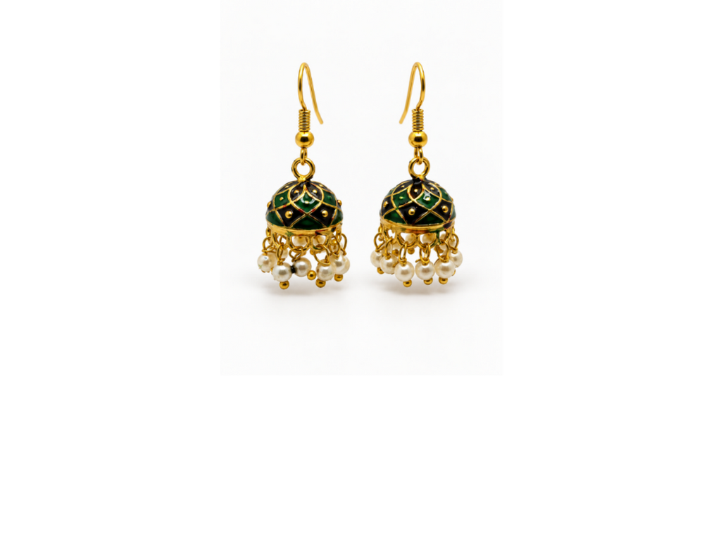 A pair of gold-plated jhumka earrings with green and black enamel detailing on the dome-shaped charms and dangling white pearl beads, shown on a plain white background.