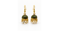A pair of gold-plated jhumka earrings with green and black enamel detailing on the dome-shaped charms and dangling white pearl beads, shown on a plain white background.