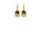 A pair of gold-plated jhumka earrings with green and black enamel detailing on the dome-shaped charms and dangling white pearl beads, shown on a plain white background.