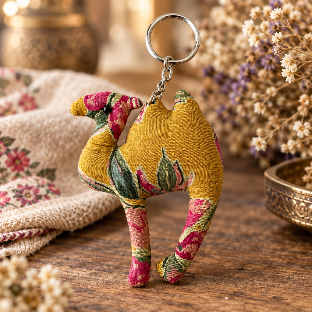 A small fabric camel keychain with a mustard yellow base and a pink, green, and red floral pattern, attached to a silver metal split ring, shown on a plain off-white background.