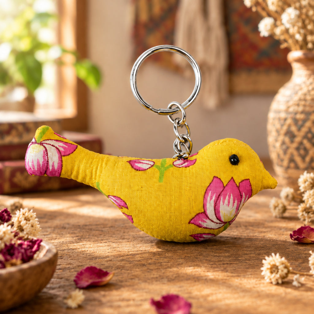 A small bird-shaped fabric keychain charm in yellow with pink lotus flowers, attached to a silver metal key ring, shown on a plain light background.