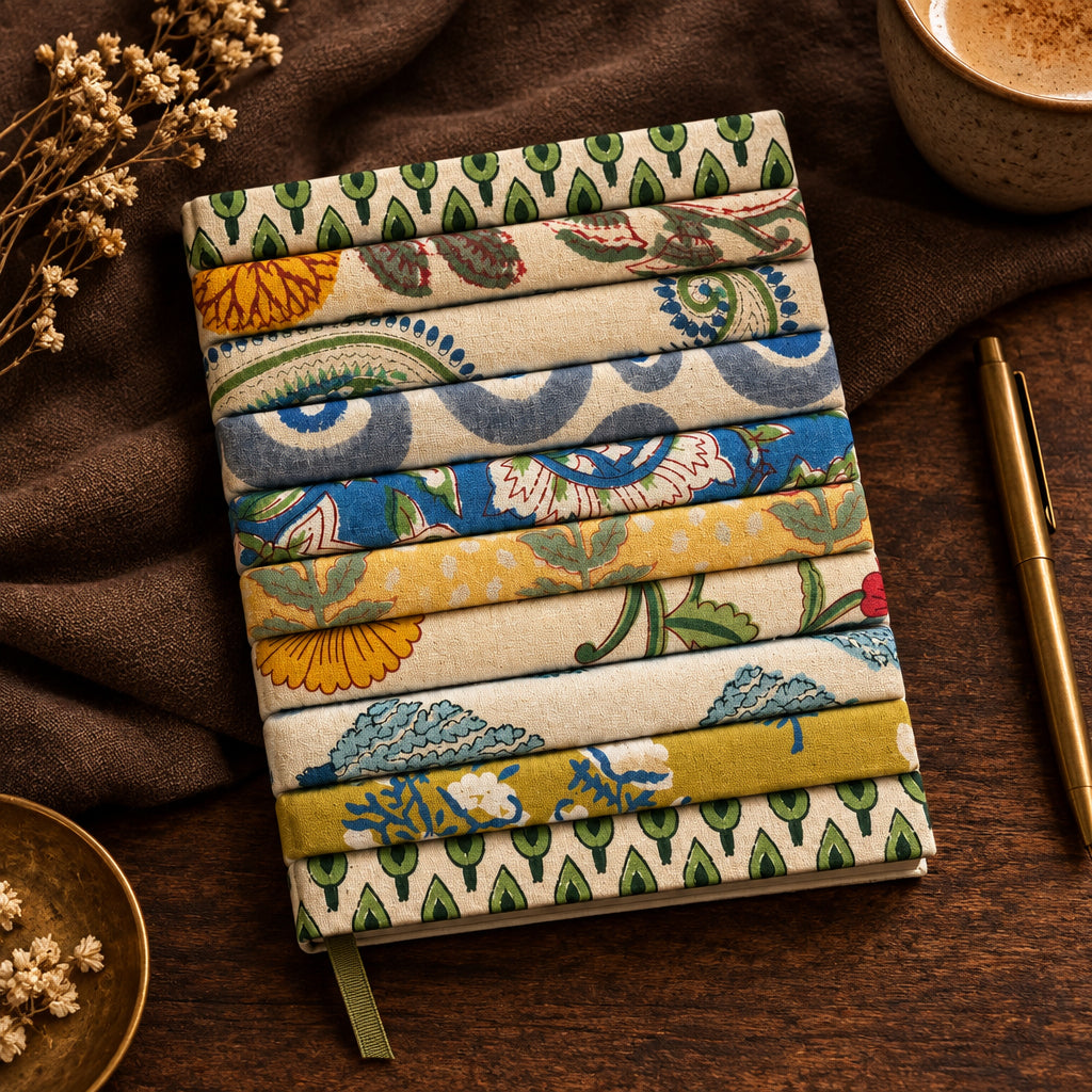 A stack of ten folded quilts with various floral and paisley block-print patterns in green, blue, yellow, and brown on cream backgrounds, set against a plain white background.