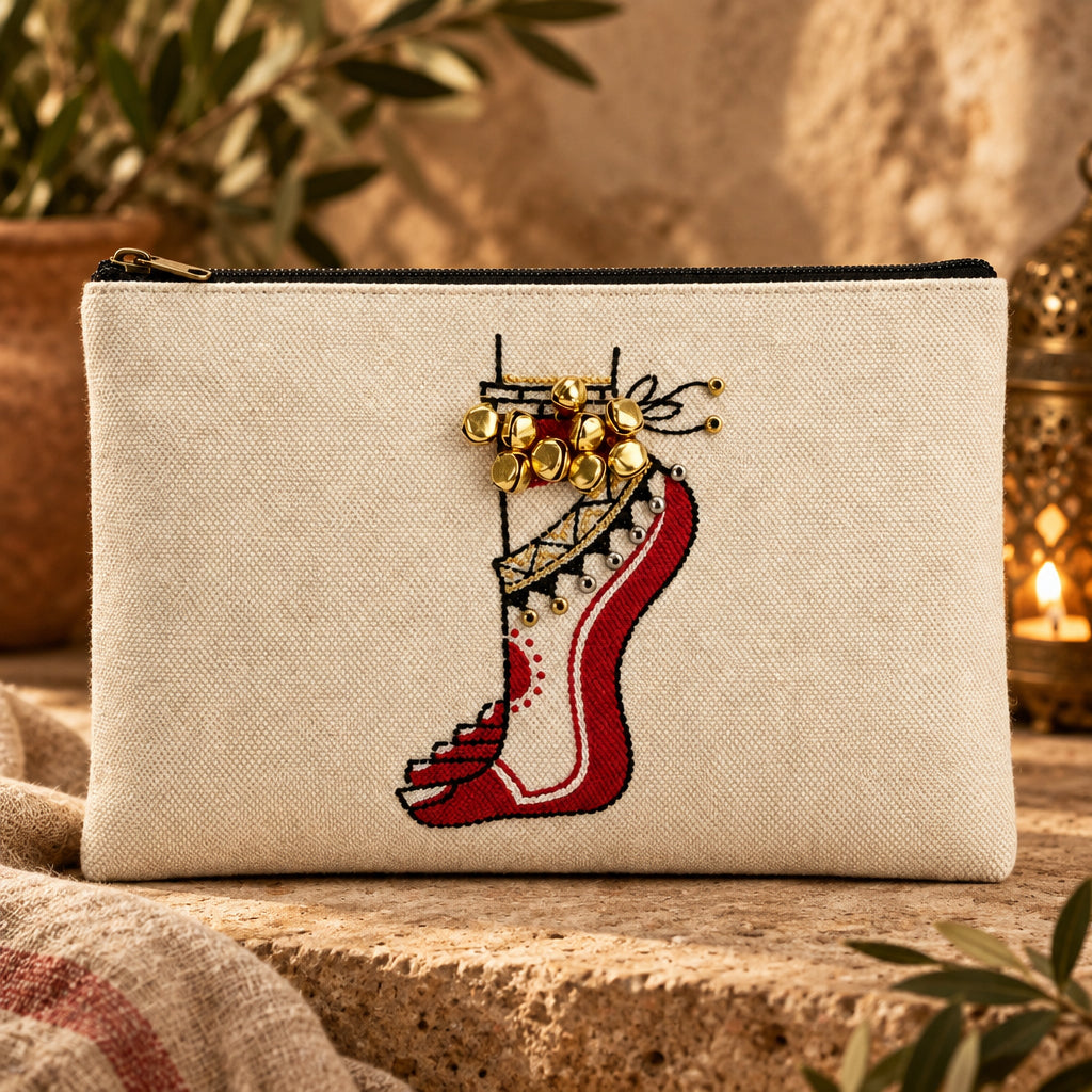 Two embroidered fabric pouches displayed on a light gray surface. The front pouch is cream-colored canvas with a red high-heeled shoe and gold jingle bell embroidery.