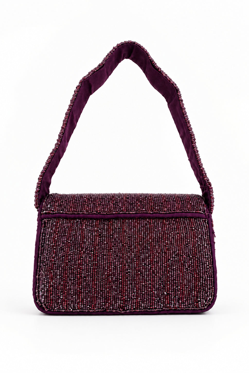 A small rectangular shoulder bag with a textured, shimmering burgundy body and a matching wide shoulder strap, shown on a plain white background.