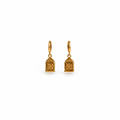 A pair of gold-toned drop earrings with a textured, ornate geometric pendant and a smooth hoop ear wire, shown on a clean white background.