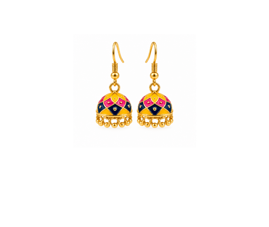 A pair of gold-plated jhumka earrings with colorful enamel detailing in yellow, pink, and navy blue, set against a plain off-white background.