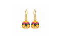 A pair of gold-plated jhumka earrings with colorful enamel detailing in yellow, pink, and navy blue, set against a plain off-white background.