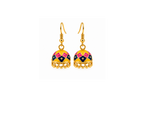 A pair of gold-plated jhumka earrings with colorful enamel detailing in yellow, pink, and navy blue, set against a plain off-white background.