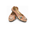 A pair of pink flat shoes with intricate floral embroidery in white, teal blue, orange, and gold, shown on a clean white background.