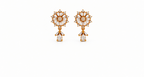 A pair of gold dangle earrings with intricate sunburst floral designs set with clear baguette and round gemstones, featuring pear-cut drop charms below, shown on a solid white background.