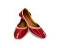 A pair of traditional red leather Juttis with gold embroidery and trim, displayed on a clean white background.