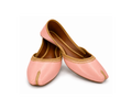 A pair of light pink leather flat shoes with gold embroidery and a traditional pointed toe, displayed on a clean white background.