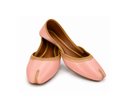 A pair of light pink leather flat shoes with gold embroidery and a traditional pointed toe, displayed on a clean white background.