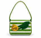 A green and white beaded shoulder bag featuring a stylized green leaf and yellow flower applique on the front, set against a plain white background.