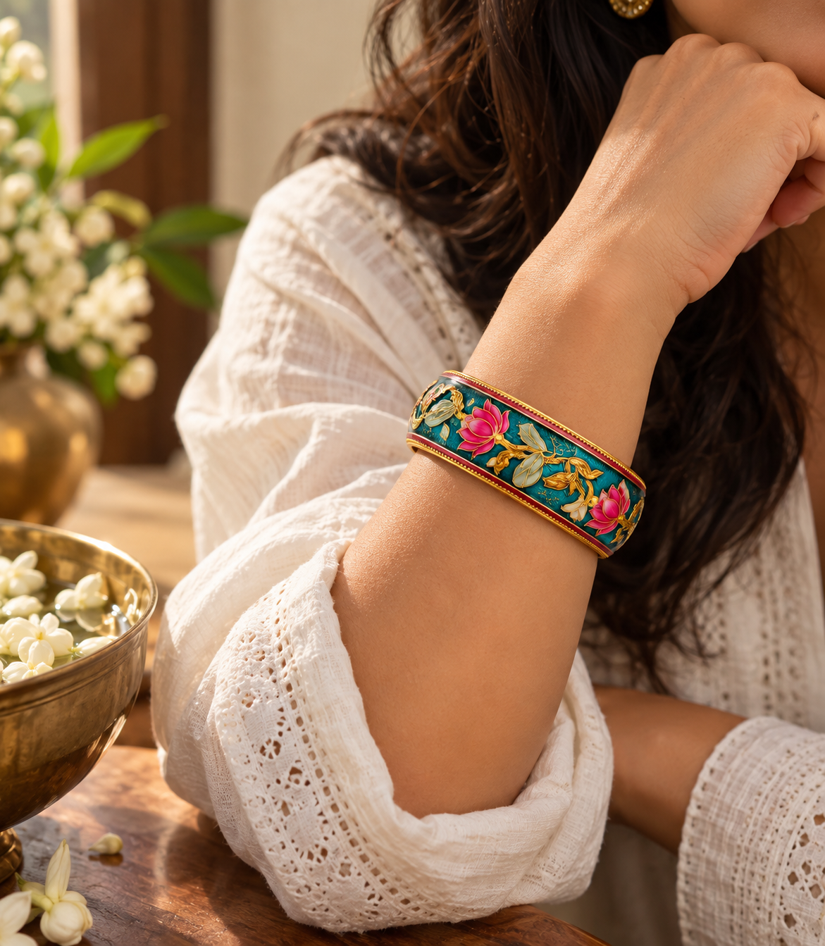 Teal Lotus Floral Bangle