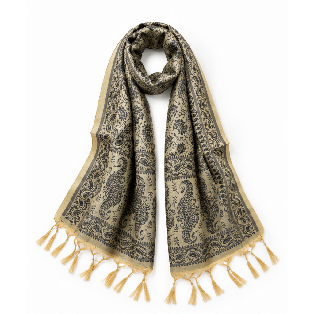 A beige scarf with a black paisley pattern and tassels, draped on a white background.