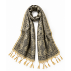 A beige scarf with a black paisley pattern and tassels, draped on a white background.